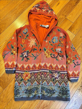 Together! Floral Knit Hooded Knee length Cardigan Coat fully lined